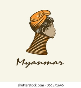 Portrait of Karen long neck hill tribe woman. Thailand. Burma, Myanmar, logo vector.