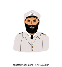 Portrait of a kind bearded captain in a marine professional uniform with epaulets, wearing a cap with an anchor sign - conqueror of the seas and oceans symbol. Hand drawn vector isolated illustration.