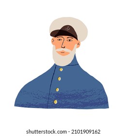 Portrait of a kind bearded captain in a marine professional uniform, wearing a cap with an anchor sign - conqueror of the seas and oceans symbol. Hand drawn vector isolated illustration.