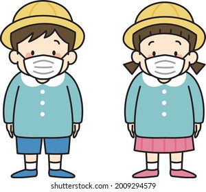 Portrait of kindergarten children wearing face mask for preventing infection