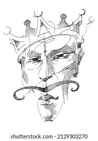 Retrato de un rey con corona. La cara del monarca con bigote. Dibujo de línea