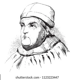 The Portrait of King Rene, drawing in the pen of the fifteenth century, vintage engraved illustration. Magasin Pittoresque 1844.
