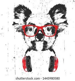 Portrait of Koala with glasses and headphones. Hand-drawn illustration. T-shirt design. Vector