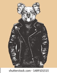 Portrait of Koala in leather jacket. Hand-drawn illustration. Vector.