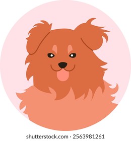 Portrait of a Kooikerhondje dog playfully sticking out its tongue within a vibrant pink circle, featuring a simple, flat vector illustration of this fluffy and adorable breed