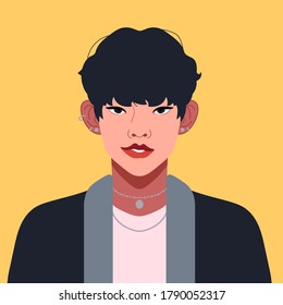 Portrait of a Korean fashion guy. Young Asian modern man or student with piercings and grin. Social network profile avatar. Vector flat illustration. Full face view. Closeup k-pop idol. 