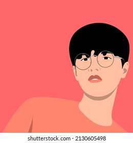 Portrait of a Korean guy with round glasses. Avatar for social networks. Vector illustration in a flat style.