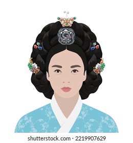 Retrato de una mujer coreana en una ilustración kimono .Vector en un estilo plano aislado en un fondo blanco.