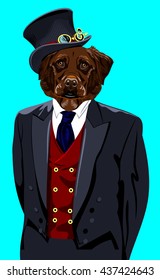 Portrait of a Labrador dog in the men's suit and hat in the style of cyberpunk cylinder