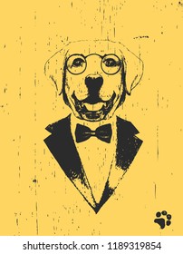 Portrait of Labrador  in suit, hand-drawn illustration, vector
