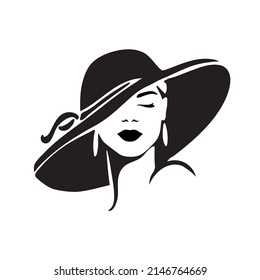 Mujer retrato con un sombrero elegante de fondo blanco. Diseño del logotipo de belleza. Ilustración vectorial de una mujer hermosa.