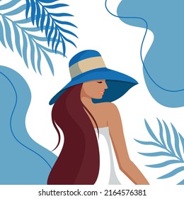 Portrait lady with an elegant hat on white background. Vector illustration of a beautiful woman. Hello Summer.