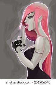 Retrato de una mujer con un arma. Ilustración vectorial.
