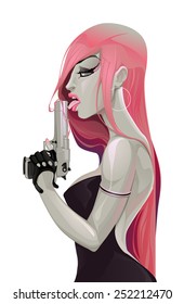 Retrato de una mujer con un arma. Elemento aislado del vector.