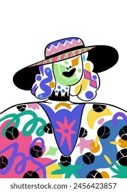 Portrait of lady in a hat.  Vector illustration. Abstract style. Trendy vector illustration.