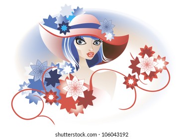 Portrait of a Lady in a red hat decorated with flowers