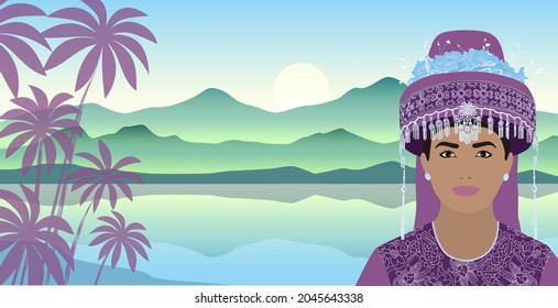 Portrait of a Lao woman in festive national clothes on the background of a mountain landscape.Vector illustration.