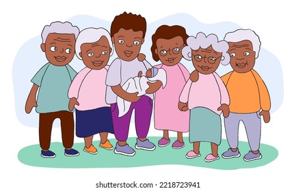 Portrait Of A Large African American Family. Mom And Dad Are Holding A Newborn In Their Arms. Joyful Happy Grandparents Stand Around