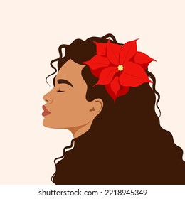 Portrait of a Latin American woman with a red flower in her hair. Profile. Vector illustration.
