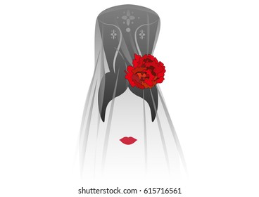 Portrait of latin woman or traditional representation of modern Spanish, Spanish veiled by the name of Mantilla, flamenco dancer, vector illustration, seamless background