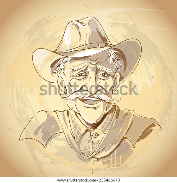 Portrait Laughing Old Cowboy Vintage Style Stock Vector Royalty Free