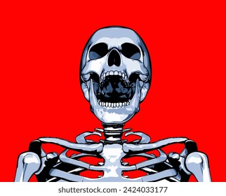 Portrait of laughing skeleton skull vector illustration isolated on red background