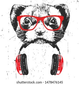 Portrait of Least Weasel with glasses and headphones. Hand-drawn illustration. Vector