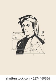 Retrato de Leonardo Fibonacci. Grande cientista italiano. Ciências matemáticas. História da Europa medieval.