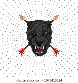 a portrait of a leopard against a backdrop of arrows