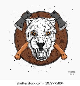 portrait of a leopard against a background of axes. Can be used for printing on T-shirts, flyers and stuff. Vector illustration
