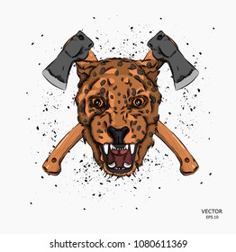 portrait of a leopard against a background of axes. Can be used for printing on T-shirts, flyers and stuff. Vector illustration