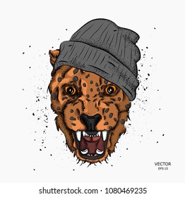 Portrait of a leopard in the cap. Can be used for printing on T-shirts, flyers and stuff. Vector illustration