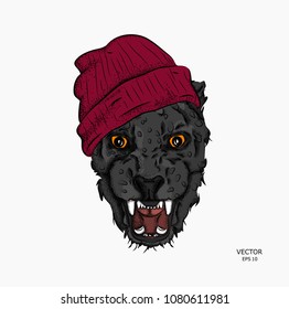 Portrait of a leopard in the cap. Can be used for printing on T-shirts, flyers and stuff. Vector illustration