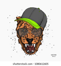 Portrait of a leopard in the cap. Can be used for printing on T-shirts, flyers and stuff. Vector illustration
