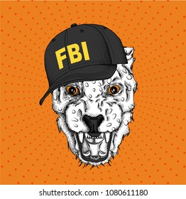 Portrait of a leopard in the cap of an FBI agent. Can be used for printing on T-shirts, flyers and stuff. Vector illustration