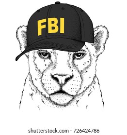 Portrait of a leopard in the cap of an FBI agent. Can be used for printing on T-shirts, flyers and stuff. Vector illustration