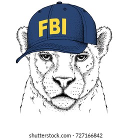 Portrait of a leopard in the cap of an FBI agent. Can be used for printing on T-shirts, flyers and stuff. Vector illustration
