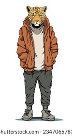 Portrait of Leopard dressed in a jacket and trousers. Hand-drawn illustration. Vector