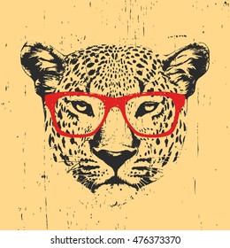Portrait of Leopard with glasses. Hand-drawn illustration. T-shirt design. Vector