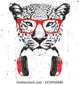 Portrait of Leopard with glasses and headphones. Hand-drawn illustration. Vector