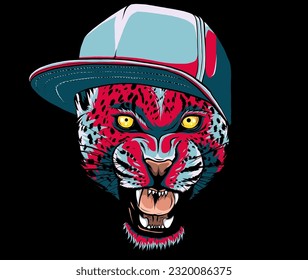 Portrait of a leopard with hip pop hat on black background