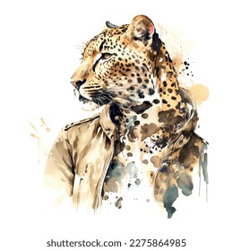 Retrato de Leopard con traje. Ilustración dibujada a mano. Vector acuarela