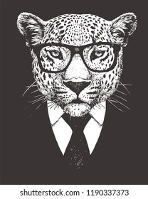 Portrait of Leopard in suit, hand-drawn illustration, vector