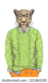 Portrait of Leopard  in sweater, hand-drawn illustration, vector