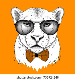 Portrait of a leopard with tie and in the glasses. Can be used for printing on T-shirts, flyers and stuff. Vector illustration