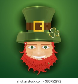 Portrait of Leprechaun. Irish man with clover leaf and hat. St. Patrick's Day design with copy space. Vector illustration. 