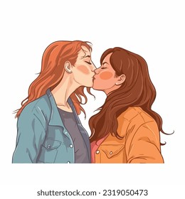 portrait of Lesbian Couple being loving and happy. Two gay girls kissing. Pride community concept. Hand drawn Vector illustration. Isolated on white background, flat colors, outline