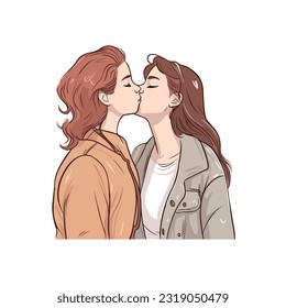 portrait of Lesbian Couple being loving and happy. Two gay girls kissing. Pride community concept. Hand drawn Vector illustration. Isolated on white background, flat colors, outline