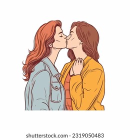 portrait of Lesbian Couple being loving and happy. Two gay girls kissing. Pride community concept. Hand drawn Vector illustration. Isolated on white background, flat colors, outline