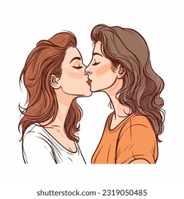 portrait of Lesbian Couple being loving and happy. Two gay girls kissing. Pride community concept. Hand drawn Vector illustration. Isolated on white background, flat colors, outline